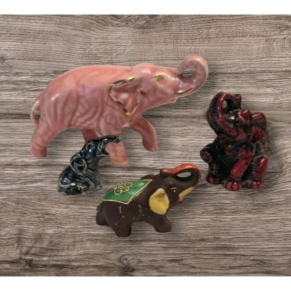Other - 4 Elephants Figurines Trunk Up Moriage Ceramic Japan Resin Pink Gold Vtg Trinket